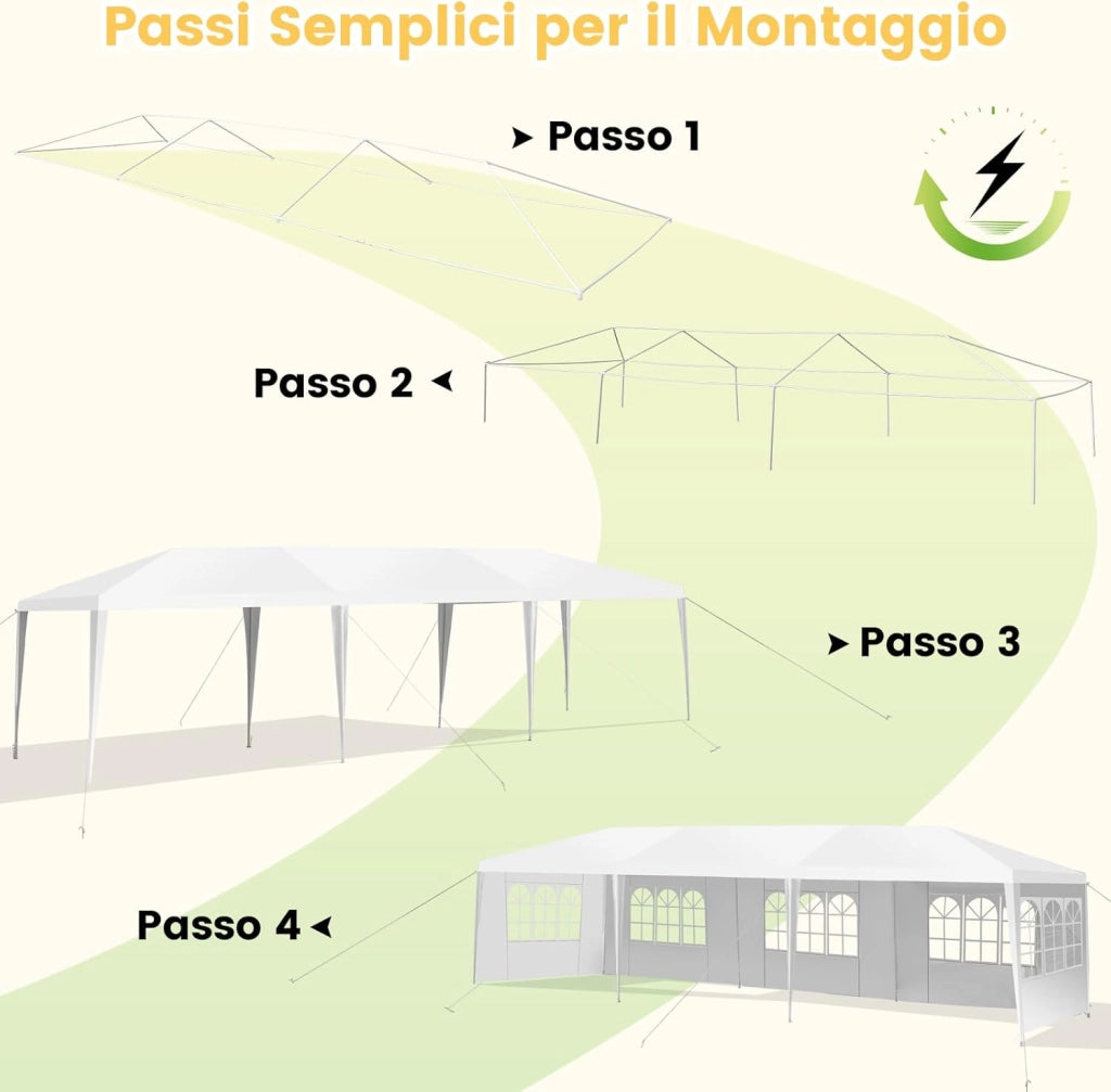 Gazebo da Giardino 3 x 9 m, Tendone per Feste con 5 Pannelli Laterali Rimovibili, Impermeabile Protezione UV, per Matrimonio Eventi e Barbecue
