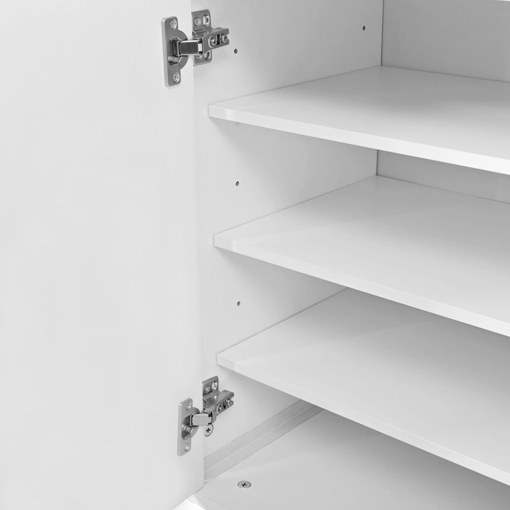 Credenza, mobile contenitore, 2 cassetti, decorazioni a rilievo ad arco, in MDF, piedini metallici rotondi, bianco