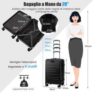 Valigia Bagaglio da 20" con Tasca Frontale, Porta USB, Tavolino Pieghevole, Valigia con Serratura, Ruote Girevoli, Manico Regolabile, Trolley Valigia Rigida Bagaglio da Viaggio (Nero)