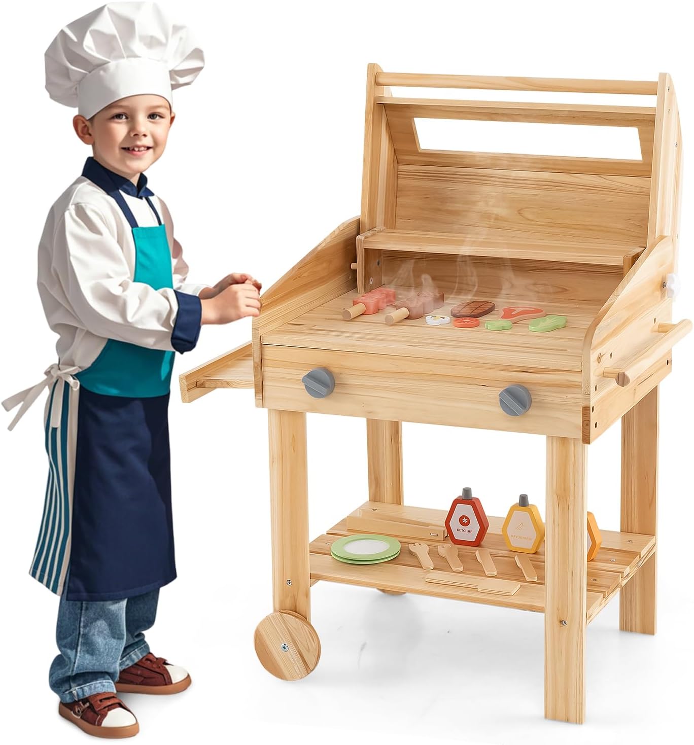 Barbecue Giocattolo per Giardino in Legno di Abete, Griglia Carrello Bambini con Cibo, Set Cucina Giocattolo con 25 Accessori BBQ, 53 x 36 x 63 cm, per Bambini 3+ Anni