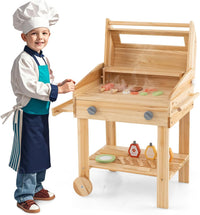 Barbecue Giocattolo per Giardino in Legno di Abete, Griglia Carrello Bambini con Cibo, Set Cucina Giocattolo con 25 Accessori BBQ, 53 x 36 x 63 cm, per Bambini 3+ Anni