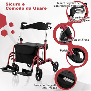 Deambulatore Multiuso 2 in 1, Deambulatore per Anziani in Alluminio con Altezza Regolabile a 6 Livelli, Poggiapiedi Pieghevole (Rosso)