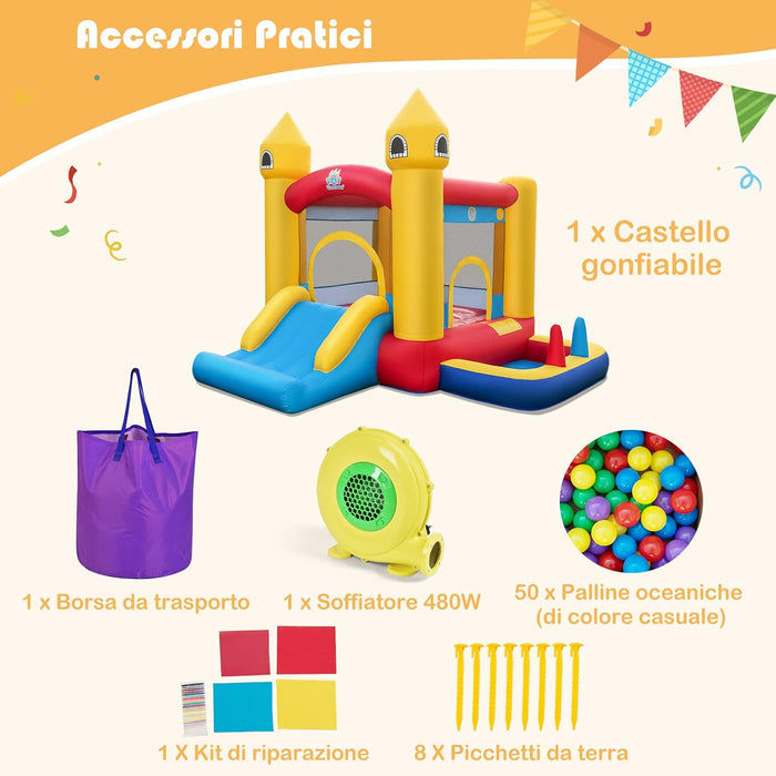 Castello Gonfiabile 6 in 1 con Soffiatore 480W, Gonfiabile per Bambini con Scivolo, Area di Salto, Canestro, Piscina di Palline, Lancio di Anelli e di Palline, per Interno Esterno e Feste