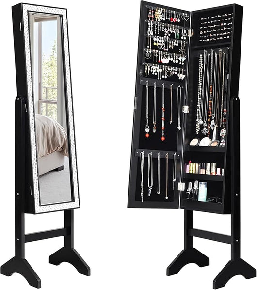 Armadio per Gioielli, Armadietto Portagioie con Specchio a Figura Intera, Organizer Spazioso per Gioielli, per Camera da Letto e Salotto, 35,5 x 33 x 153 cm (Nero)