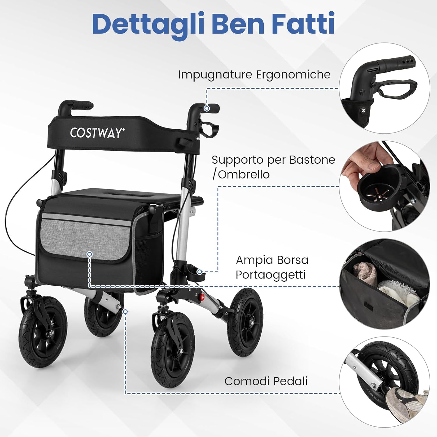 Deambulatore Pieghevole per Anziani in Alluminio, Rollator Regolabile in Altezza con Seduta, Schienale e Freni, Girello per Anziani con Borsetta, Carico Massimo 140 kg (Argento)