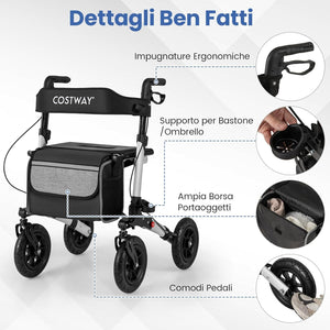 Deambulatore Pieghevole per Anziani in Alluminio, Rollator Regolabile in Altezza con Seduta, Schienale e Freni, Girello per Anziani con Borsetta, Carico Massimo 140 kg (Argento)