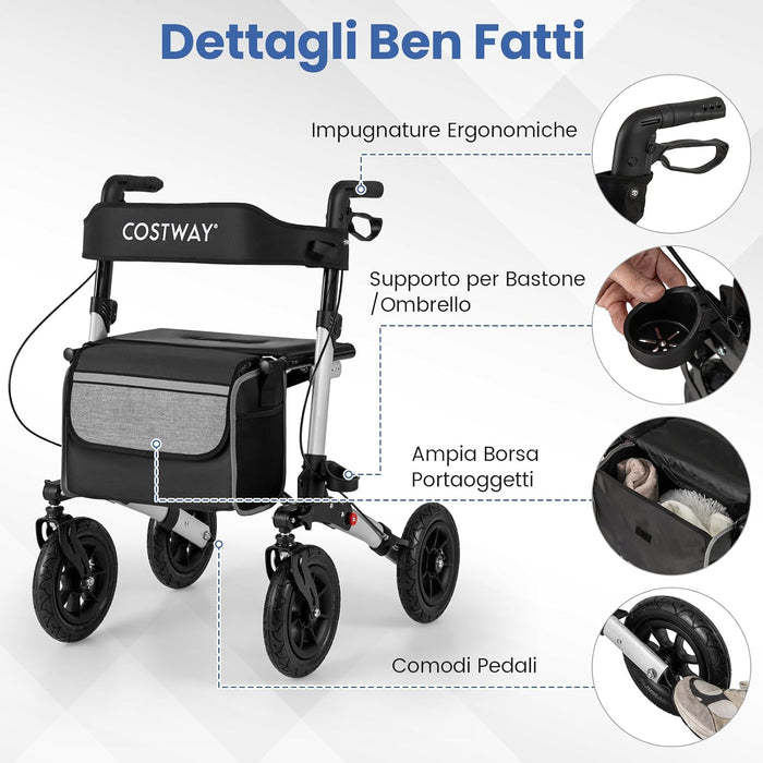 Deambulatore Pieghevole per Anziani in Alluminio, Rollator Regolabile in Altezza con Seduta, Schienale e Freni, Girello per Anziani con Borsetta, Carico Massimo 140 kg (Argento)