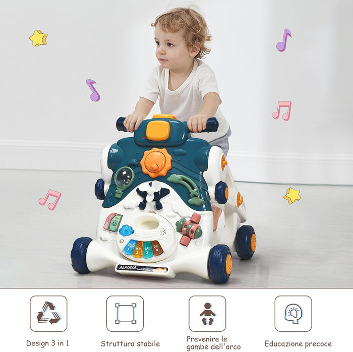 3 in 1 Primi Passi Cavalcabile Spingibile, Giocattolo Educativo con Musica e Luci, con 4 Ruote Antiscivolo, Ideale per Bambini 6-36 Mesi (Blu)