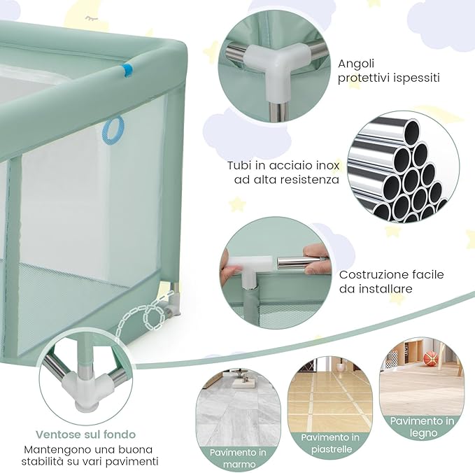 Recinto per Bambini, Box con Rete Traspirante, Centro Attività con 50 Palline, Giochi per 0-3 Anni (Verde, 200 x 180 cm)