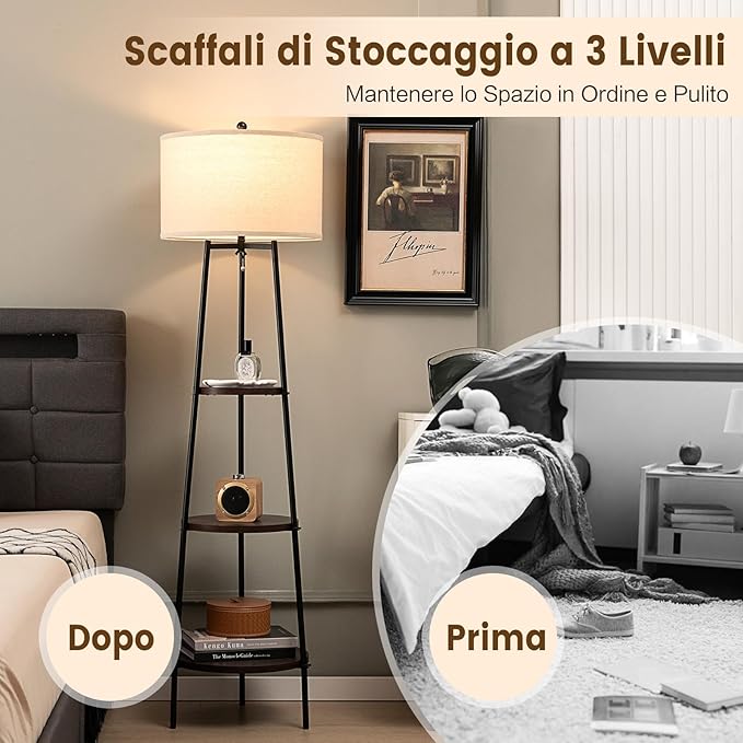 Lampada da Terra con 3 Ripiani, Lampada da Stelo con Paralume in Lino, Lampada Moderna per Soggiorno, Camera da Letto e Ufficio, 41 x 153 cm