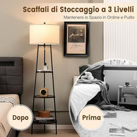 Lampada da Terra con 3 Ripiani, Lampada da Stelo con Paralume in Lino, Lampada Moderna per Soggiorno, Camera da Letto e Ufficio, 41 x 153 cm
