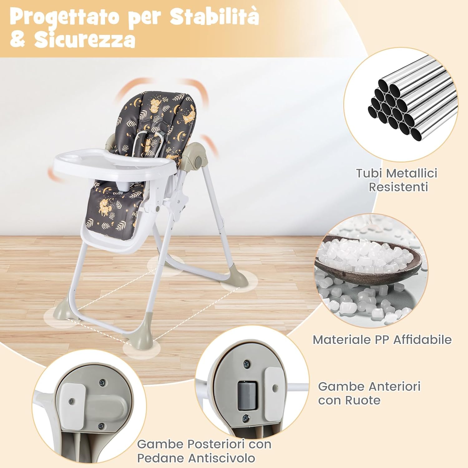 Seggiolone Pappa Pieghevole per Bambini, Seggiolone Portabile con Schienale e Altezza Regolabili, con Ruote, per Bambini 6-36 Mesi, Grigio (Marrone)