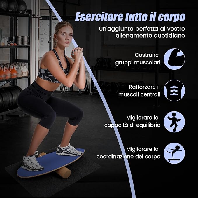 Balance Board in Legno, Tavola di Equilibrio con Rullo e Tappetino per Allenamento Skateboard Hockey Snowboard Surfing, Attrezzi 3 in 1 per Esercizi Equilibrio e Tonificazione Core