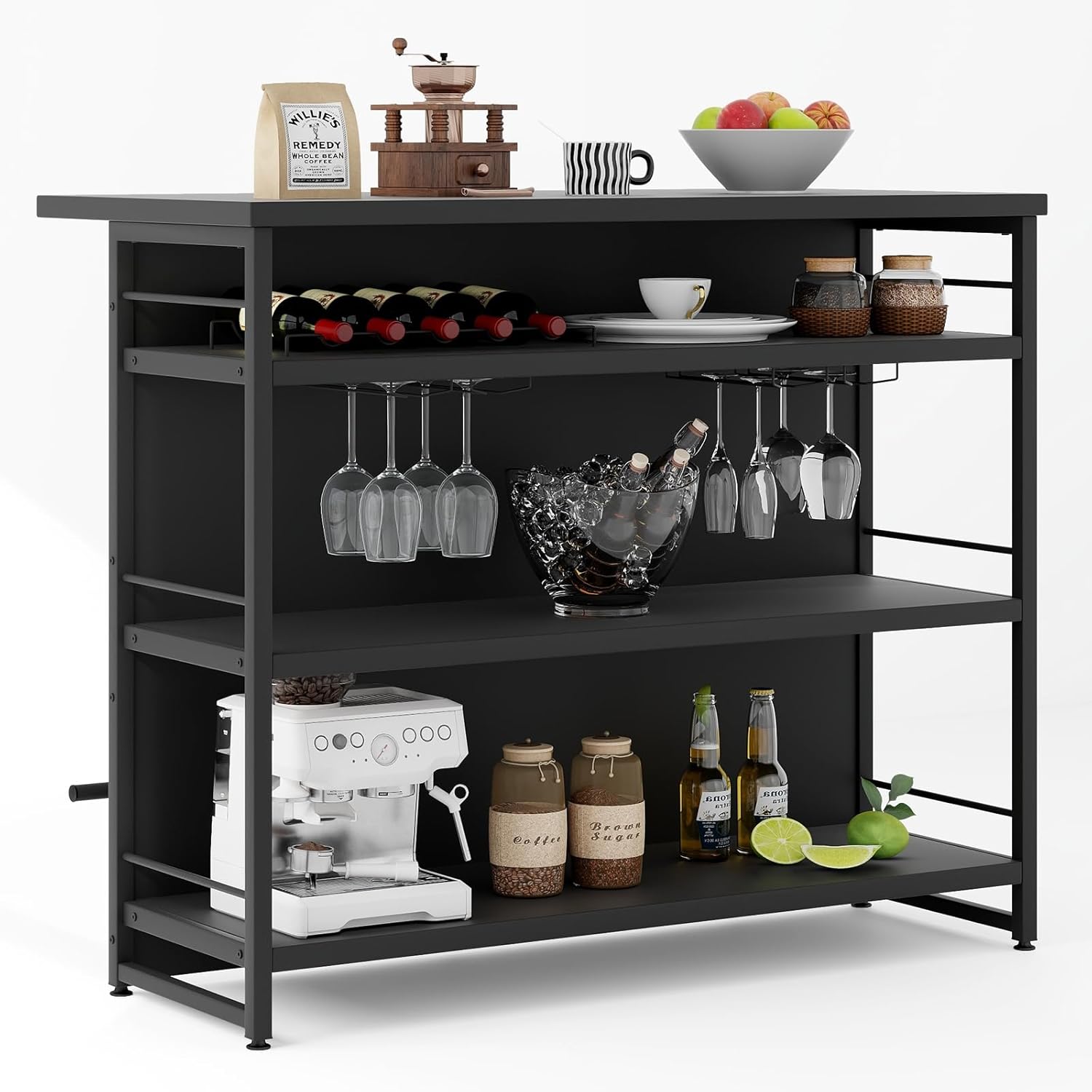 Isola per Cucina con Ampio Piano di Lavoro, Mobile da Cucina con 3 Ripiani Aperti, Poggiapiedi e Piedini Regolabili, Struttura in Metallo, per Cucina, Soggiorno, 120 x 60 x 101cm (Nero)