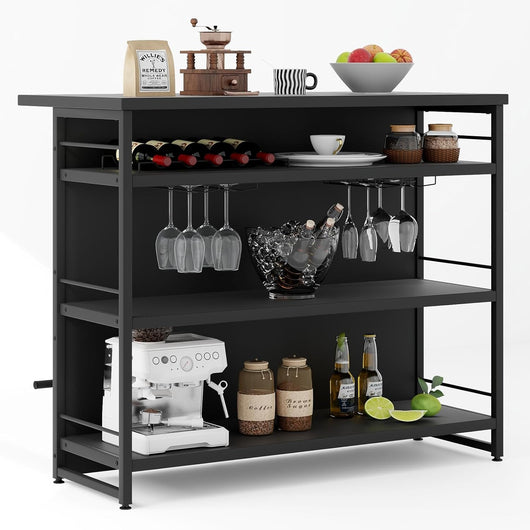 Isola per Cucina con Ampio Piano di Lavoro, Mobile da Cucina con 3 Ripiani Aperti, Poggiapiedi e Piedini Regolabili, Struttura in Metallo, per Cucina, Soggiorno, 120 x 60 x 101cm (Nero)