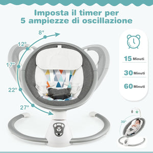Sdraietta Elettrica Neonati con 12 Melodie e Cuscino Riduttore, 5 Livelli di Dondolante (Velocità e Dondolante), Caricabatterie USB, Telecomando, Cinture di Sicurezza (GRIGIO)