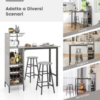 Set 3 Pezzi Tavolo e Sedie da Bar, Tavolo e Sgabelli da Pub Industriale con Porta Calici e 6 Portabottiglie da Vino, Set di Tavolo per Sala da Pranzo, Ristorante e Bar (Grigio)