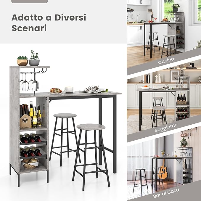 Set 3 Pezzi Tavolo e Sedie da Bar, Tavolo e Sgabelli da Pub Industriale con Porta Calici e 6 Portabottiglie da Vino, Set di Tavolo per Sala da Pranzo, Ristorante e Bar (Grigio)