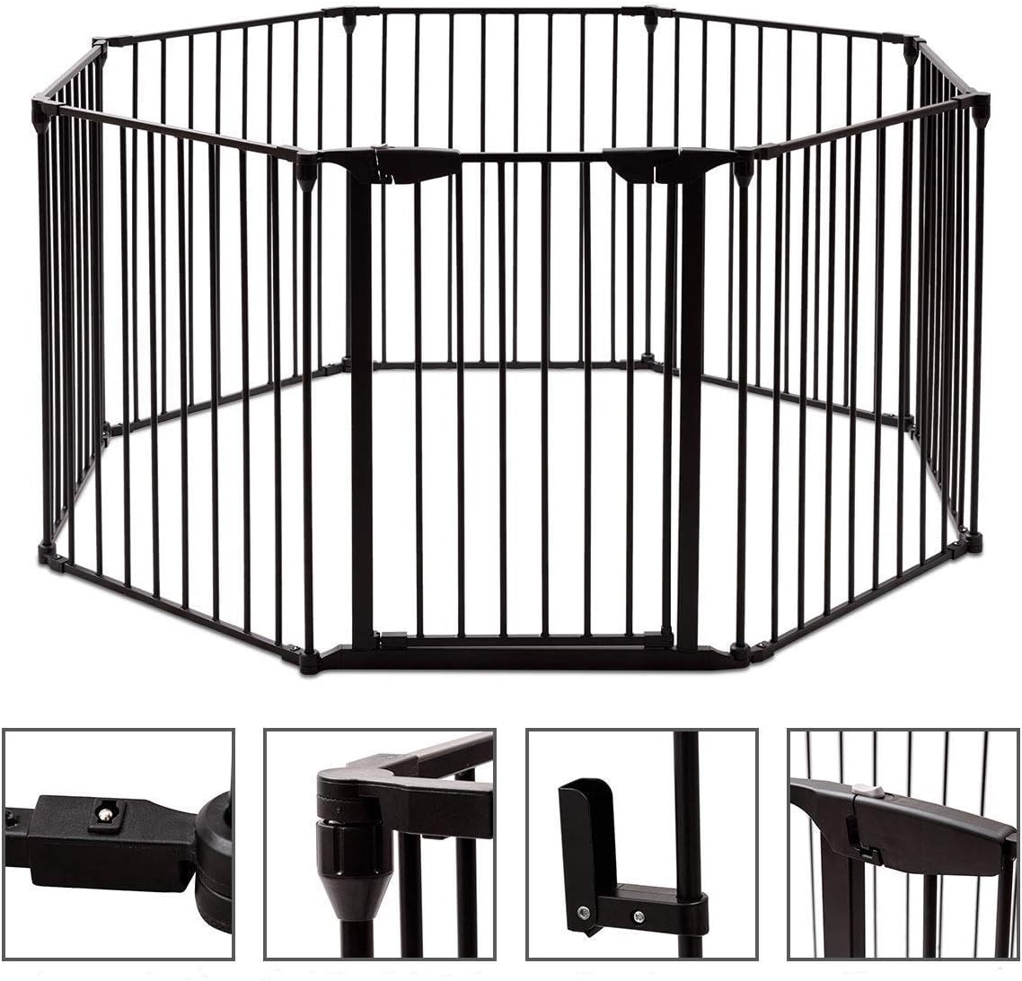 Cancelleto di Sicurezza, Barriera Protettiva per Camino Bambini Animali Domestici Scale, Pieghevole, Inclussa Una Porta e 8 Elementi Laterali, in Ferro, 500x 74,5cm (Nero)