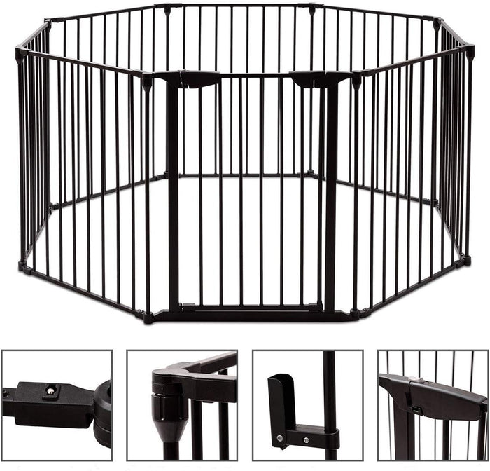 Cancelleto di Sicurezza, Barriera Protettiva per Camino Bambini Animali Domestici Scale, Pieghevole, Inclussa Una Porta e 8 Elementi Laterali, in Ferro, 500x 74,5cm (Nero)