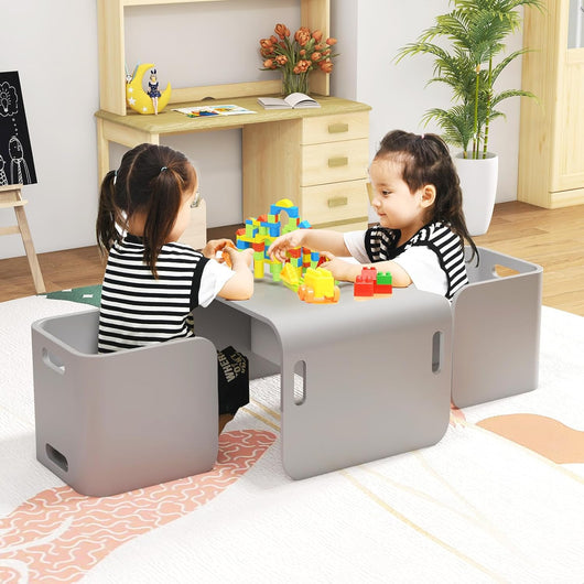 COSTWAY Set Tavolo e 2 Sedie per Bambini 2-9 Anni, Set Multiuso in Legno di Faggio con Maniglie Ergonomiche, Design Salvaspazio, Senza Montaggio, Portata 100 kg (Grigio)
