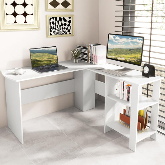 Scrivania Angolare per Computer con Ripiani, Scrivania Porta PC in Legno, Scrivania Salvaspazio e Moderna per Ufficio e Studio, 130 x 130 x 72,5 cm (Bianco)