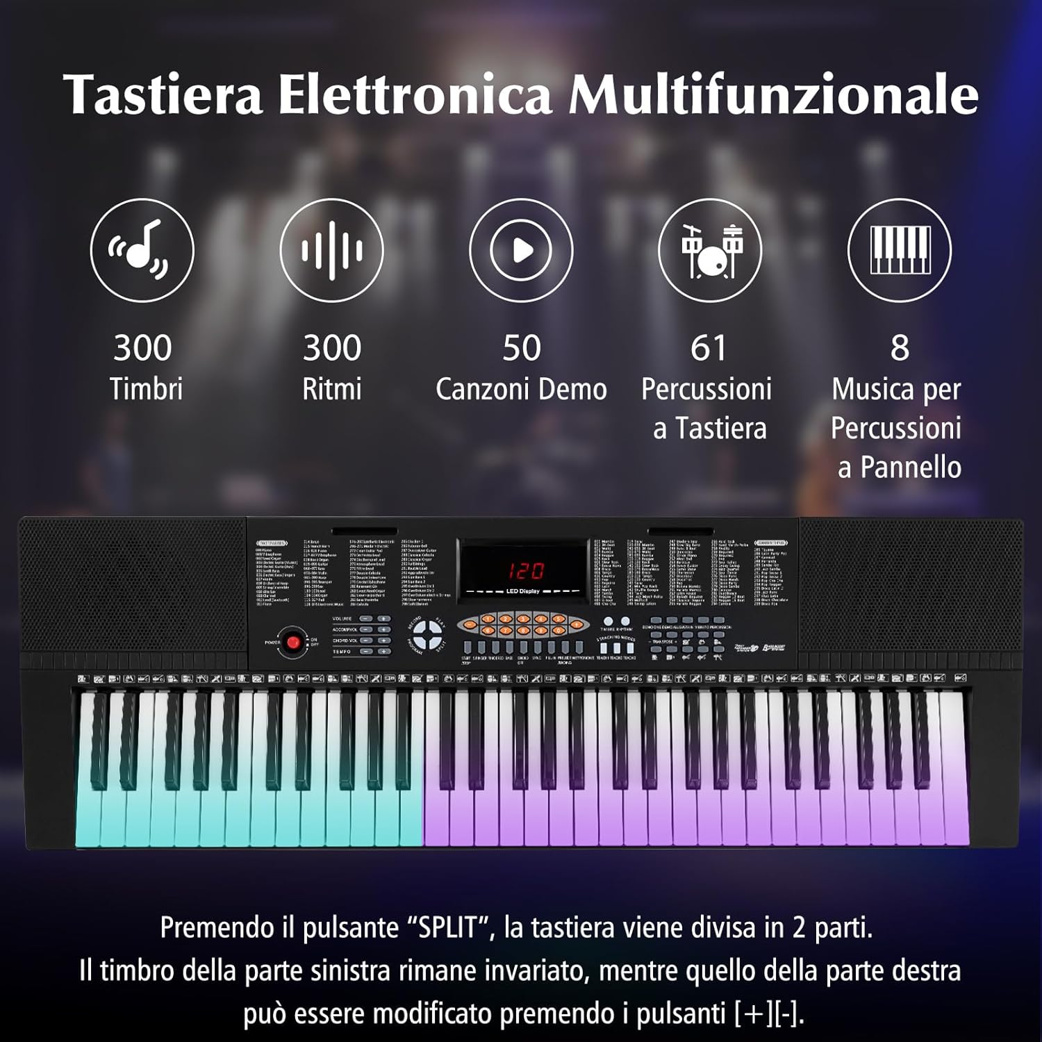 Pianoforte con Tastiera a 61 Tasti, Tastiera Digitale per Principianti con Microfono e Leggio, Pianola Elettrica con 300 Ritmi, 300 Timbri, 50 Canzoni Demo e 3 Modalità di Insegnamento