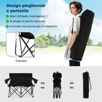 Sedia da Campeggio Doppia, Poltrona Pieghevole per 2 Persone con Portabicchieri, Borsa per il Trasporto, Sedia da Giardino Portatile per Spiaggia, Picnic, Pesca, Portata 300 kg (Nero)