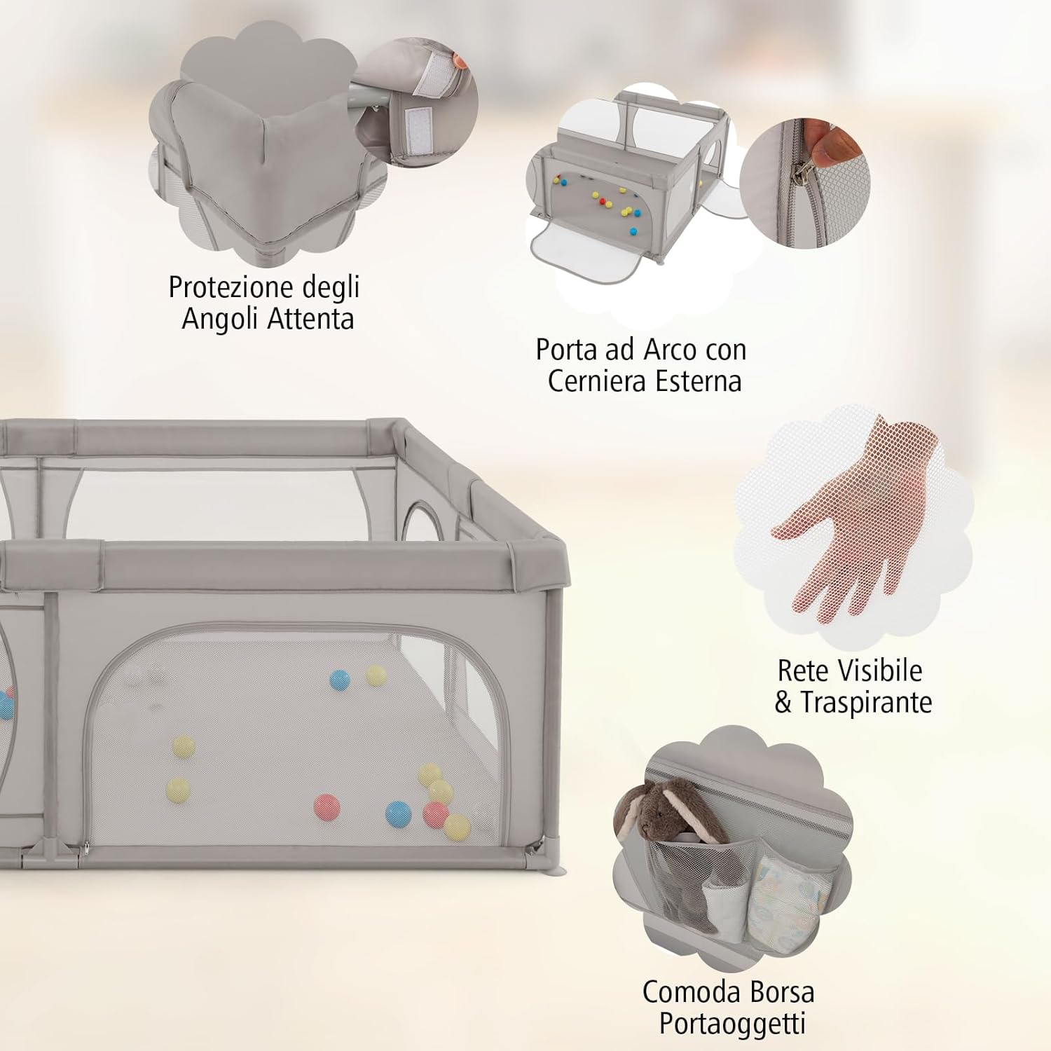 Recinto per Bambini con Materasso, Box per Bambini con Tappetino, Rete Traspirante e Apertura a Cerniera, Box Giochi con Borsa, 4 Impugnature e 50 Palline, per Bambibi 0-3 Anni (Grigio Chiaro)