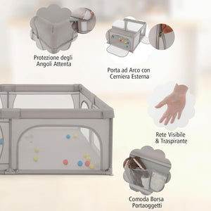 Recinto per Bambini con Materasso, Box per Bambini con Tappetino, Rete Traspirante e Apertura a Cerniera, Box Giochi con Borsa, 4 Impugnature e 50 Palline, per Bambibi 0-3 Anni (Grigio Chiaro)