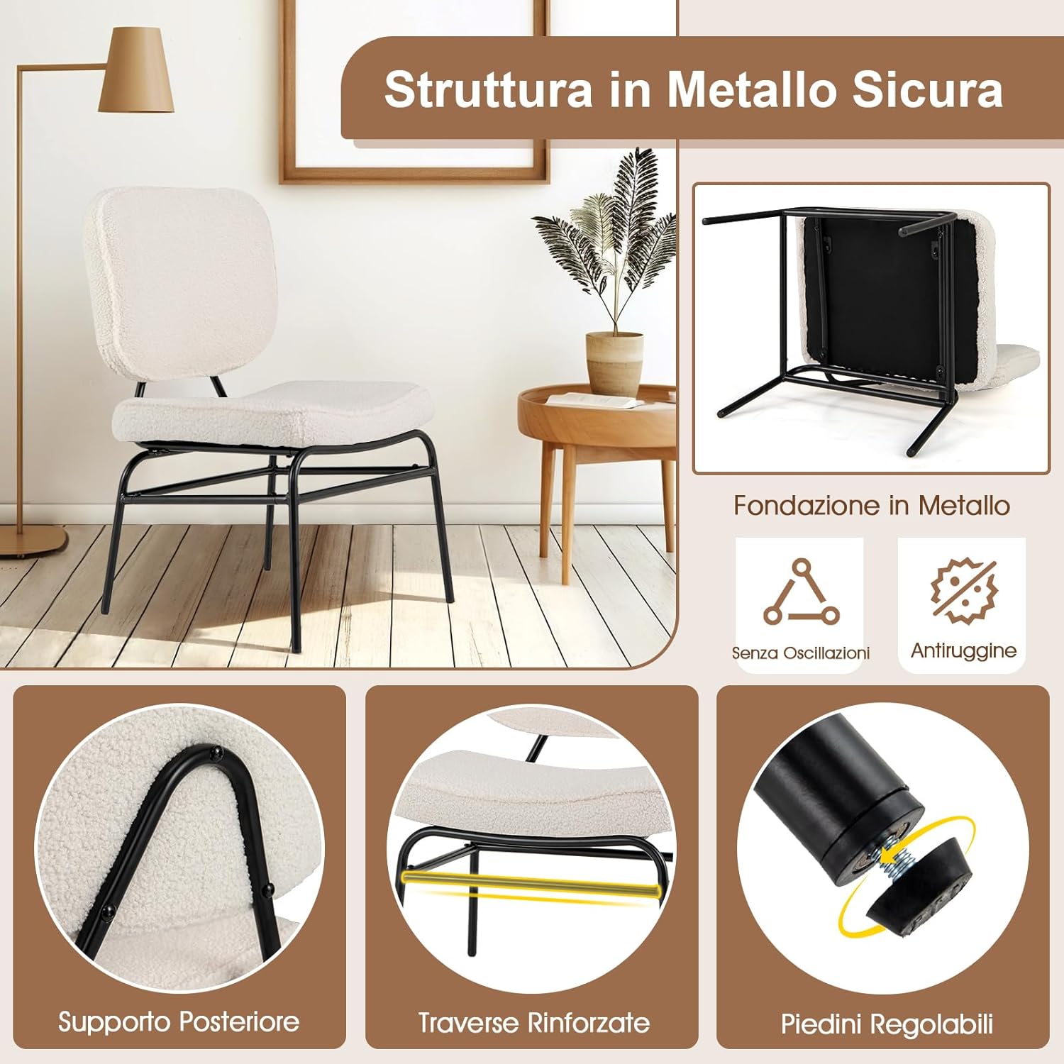 Sedia Relax Imbottita, Sedia da Lettura in Sherpa con Imbottitura in Spugna, Piedini Regolabili e Struttura in Metallo, Sedia Moderna per Soggiorno, Studio, Portata 150 kg (Beige)