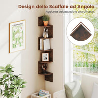 Scaffale Angolare a 5 Livelli, Scaffale Sospeso a Muro, Organizzatore di Stoccaggio a Parete, Espositore in Legno per Soggiorno Camera da Letto e Cucina, 20 x 20 x 126 cm (Marrone)