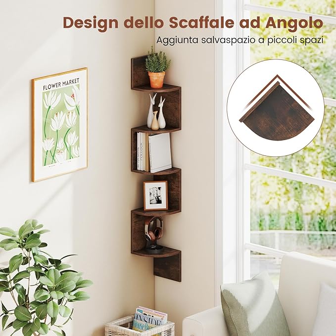 Scaffale Angolare a 5 Livelli, Scaffale Sospeso a Muro, Organizzatore di Stoccaggio a Parete, Espositore in Legno per Soggiorno Camera da Letto e Cucina, 20 x 20 x 126 cm (Marrone)