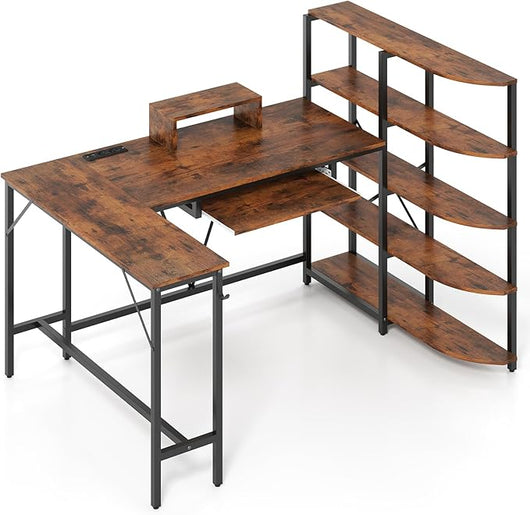 Scrivania Angolare a Forma di L, Scrivania ad Angolo Salvaspazio con Stazione di Ricarica, Scaffale, Supporto per Monitor, Gancio per Cuffie e Vassoio per Tastiera (Marrone)