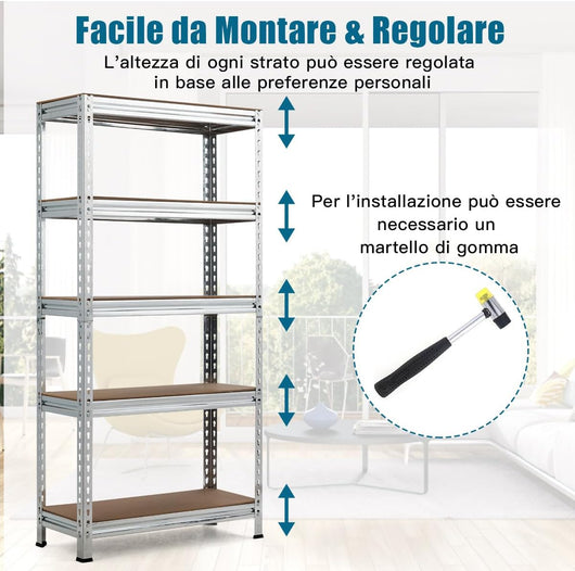 Scaffalature Metalliche a 5 Livelli, Scaffale per Garage Resistente con Ripiani Regolabili, Unità di Scaffalature Combinazioni Libere, 75x30x150 cm, Carico 500kg