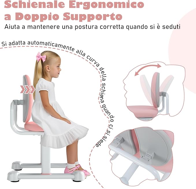 Sedia da Scrivania per Bambini 3+ Anni, Sedia Imbottita per Studiare con Doppio Supporto Lombare e Altezza Regolabile, Chair da Compiti per Casa e Scuola, Portata 100 kg (Rosa)
