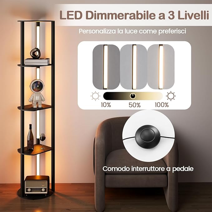 Lampada da Terra Moderna con Mensole, Lampada a Stelo in Legno con 4 Strisce LED Ruotabili, Luminosità Regolabile e Interruttore a Pedale, Scaffale a 4 Ripiani con Luce per Casa