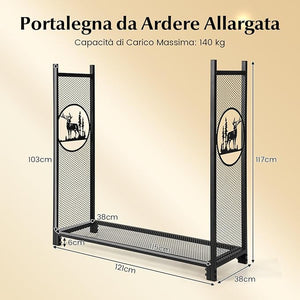 Porta Legna 121 x 38 x 117 CM, Scaffale per Legna Rosbuto con Lati a Rete, Motivi Cervo e Albero, Portalegna da Ardere per Interni ed Esterni, Nero