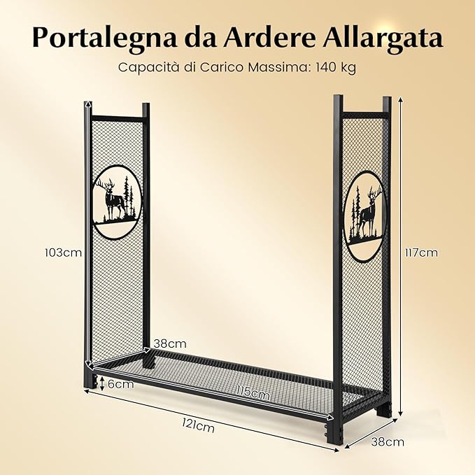 Porta Legna 121 x 38 x 117 CM, Scaffale per Legna Rosbuto con Lati a Rete, Motivi Cervo e Albero, Portalegna da Ardere per Interni ed Esterni, Nero