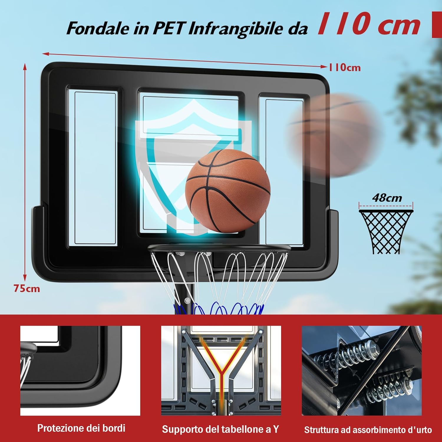 Canestro da Basket da Esterno ed Interno per Adulti, Canestro da Basket Professionale e Regolabile 230-305 cm con Ruote, Tabellone Antiurto da 110 cm e Contenitore per Palloni