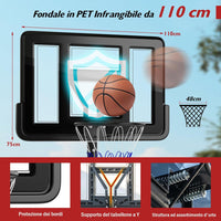 Canestro da Basket da Esterno ed Interno per Adulti, Canestro da Basket Professionale e Regolabile 230-305 cm con Ruote, Tabellone Antiurto da 110 cm e Contenitore per Palloni