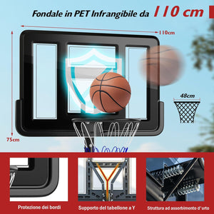 Canestro da Basket da Esterno ed Interno per Adulti, Canestro da Basket Professionale e Regolabile 230-305 cm con Ruote, Tabellone Antiurto da 110 cm e Contenitore per Palloni