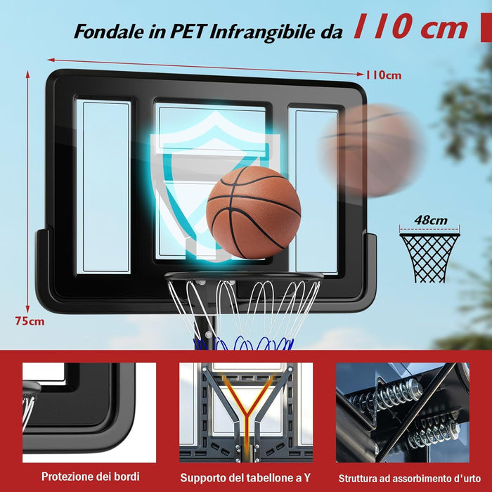 Canestro da Basket da Esterno ed Interno per Adulti, Canestro da Basket Professionale e Regolabile 230-305 cm con Ruote, Tabellone Antiurto da 110 cm e Contenitore per Palloni