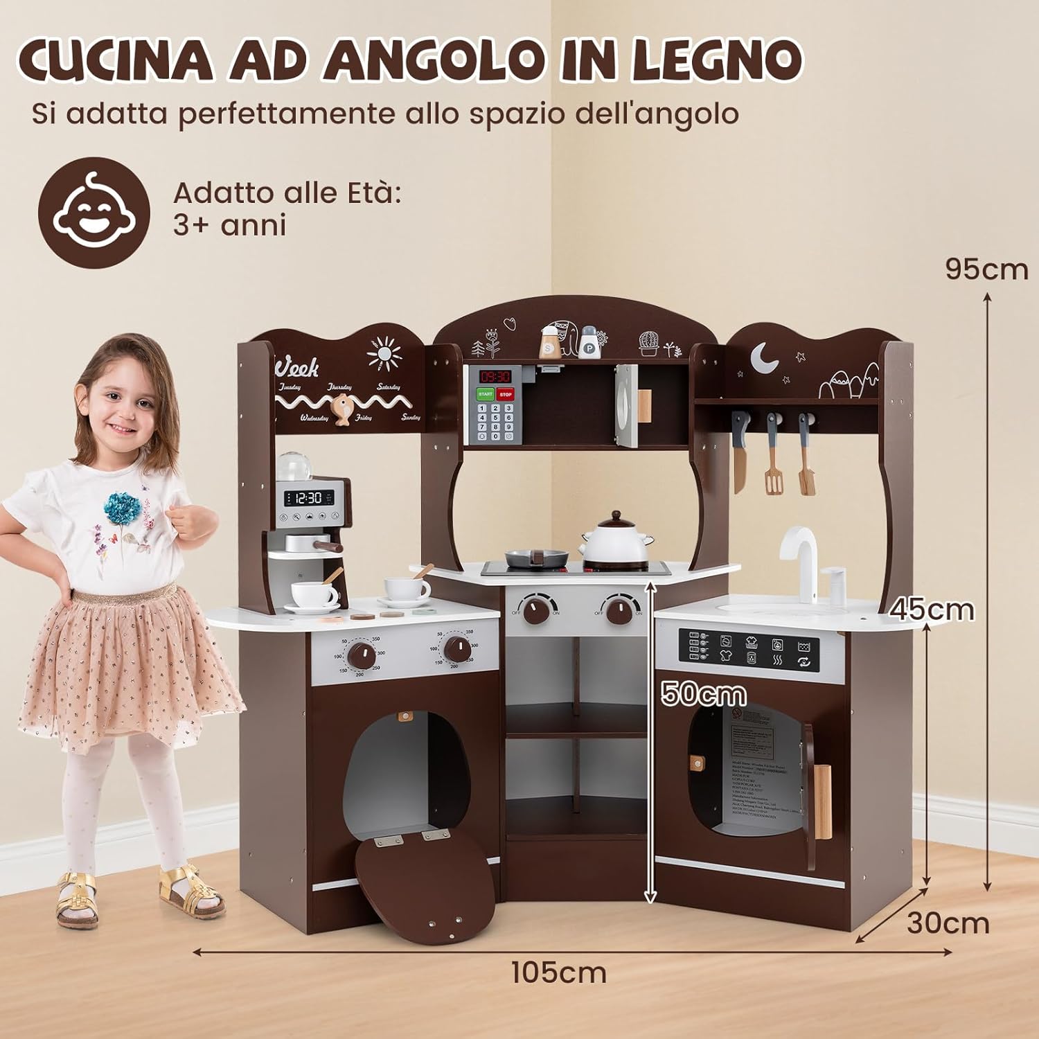 Cucina Giocattolo Angolare con Fornelli e Micronde da Suoni e Luci, Cucina per Bambini in Legno con Macchina Caffè, Lavandelo, Forno e Lavatrice, Set Cucina con Accessori (Marrone)