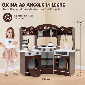 Cucina Giocattolo Angolare con Fornelli e Micronde da Suoni e Luci, Cucina per Bambini in Legno con Macchina Caffè, Lavandelo, Forno e Lavatrice, Set Cucina con Accessori (Marrone)