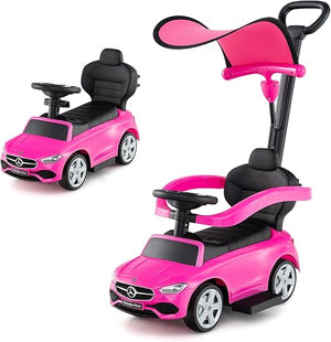 3 in 1 Auto a Spinta, Mercedes-Benz Macchina Cavalcabile, con Schienale Regolabile Suono Barra di Spinta e Tettuccio, per Bambini 18-36 Mesi (Rosa)