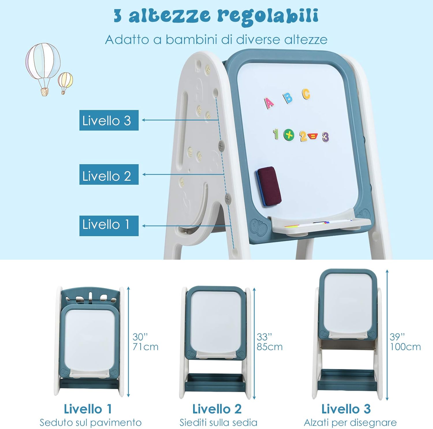 Cavalletto per Dipingere 2 in 1 Multifunzione per Bambini Altezza Regolabile, Libreria Bambini Lavagna Doppia Faccia , con Sedia e Accessori (Blu)
