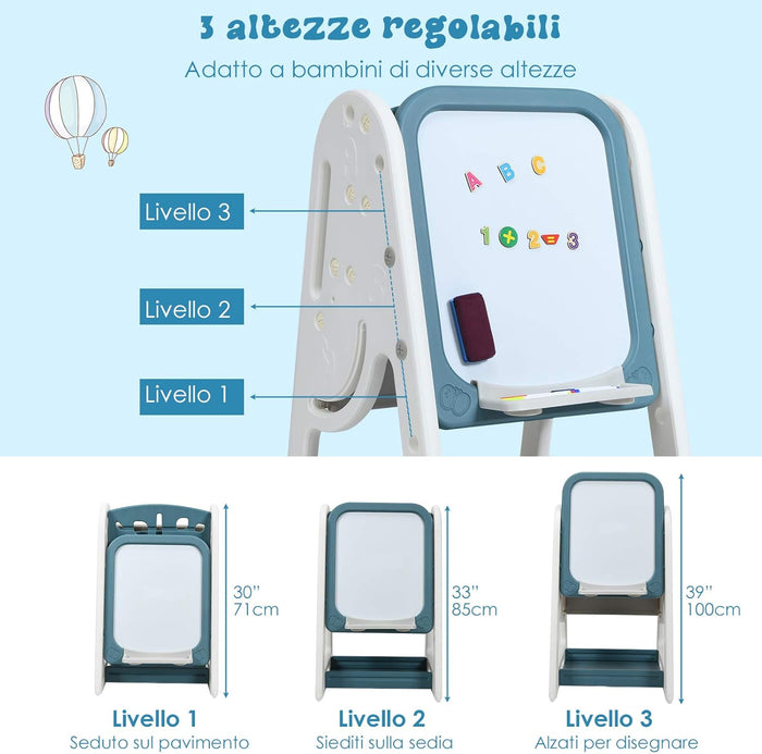 Cavalletto per Dipingere 2 in 1 Multifunzione per Bambini Altezza Regolabile, Libreria Bambini Lavagna Doppia Faccia , con Sedia e Accessori (Blu)