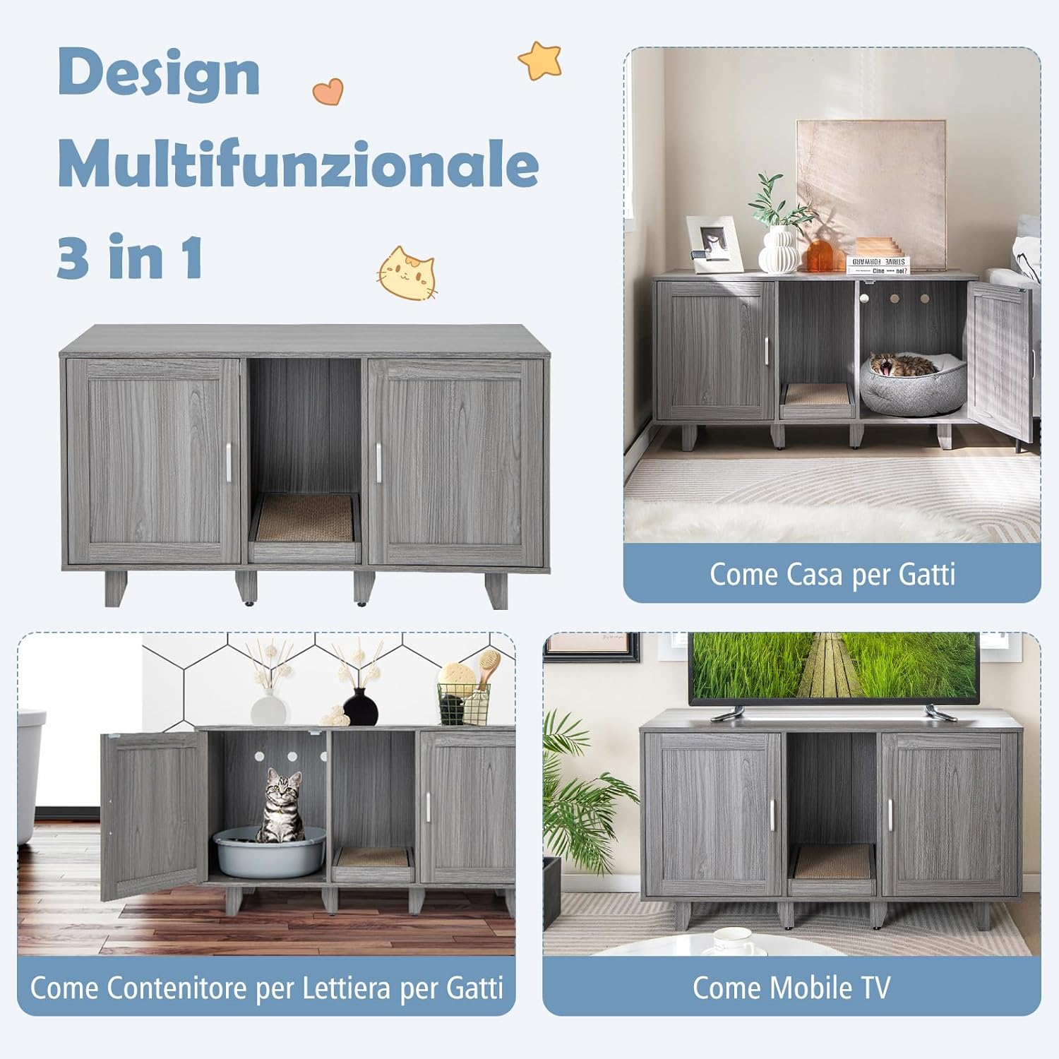 Mobile per Lettiera per Gatti 120 x 52 x 65 cm, Casetta per Gatti con 2 Ante, Fori, Tiragraffi e Gambe Staccabili, Mobile Versatile e Moderno per Salotto (Quercia grigia)