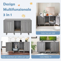 Mobile per Lettiera per Gatti 120 x 52 x 65 cm, Casetta per Gatti con 2 Ante, Fori, Tiragraffi e Gambe Staccabili, Mobile Versatile e Moderno per Salotto (Quercia grigia)